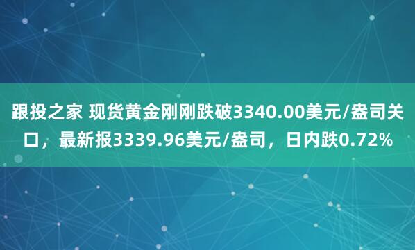 跟投之家 现货黄金刚刚跌破3340.00美元/盎司关口，最新报3339.96美元/盎司，日内跌0.72%